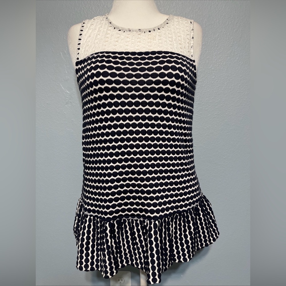 Black White Polka Dot Eyelet Lace Sleeveless Blouse Ruffle Hem Flowy Top Medium